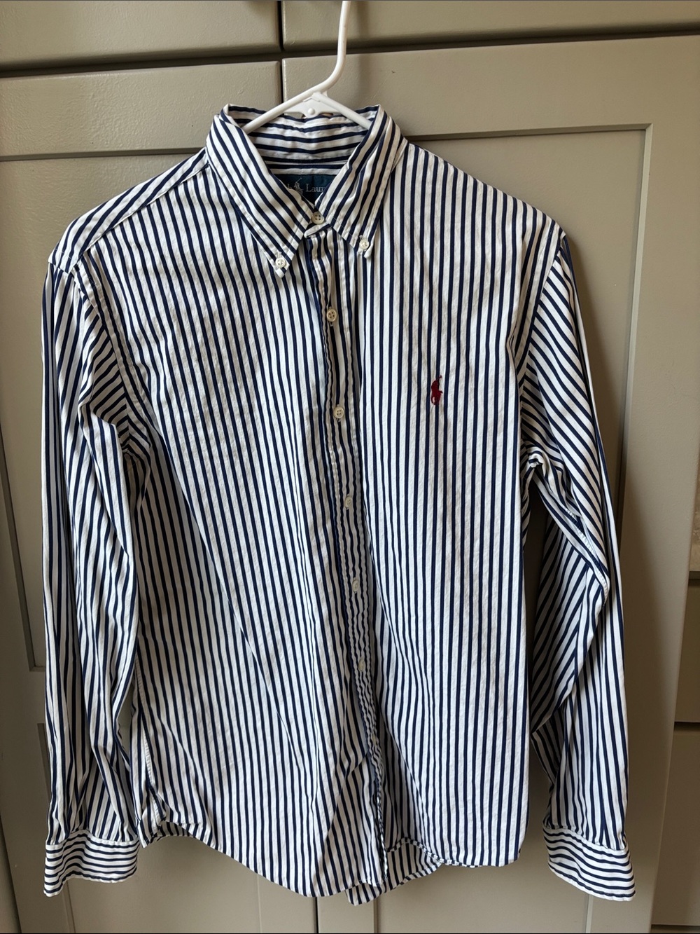 Ralph Lauren White & Navy Striped Button-Down Shirt with Polo Logo